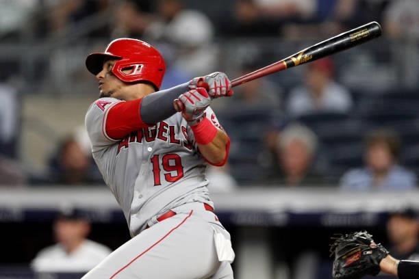 Juan Lagares of the Los Angeles Angels hits a home run during the game between the Los Angeles Angels and the New York Yankees at Yankee Stadium on...