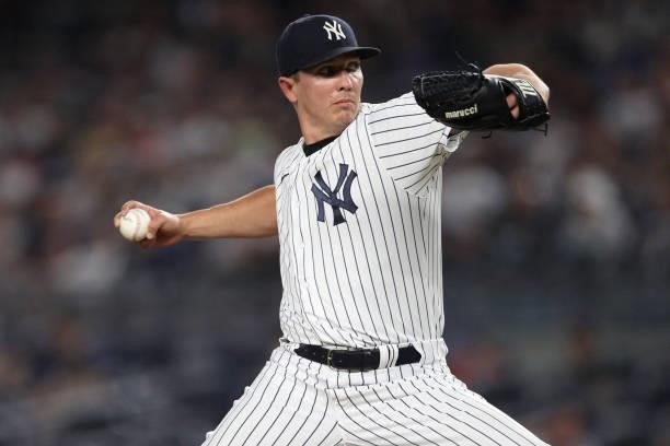 Chad Green of the New York Yankees pitches during the game between the Los Angeles Angels and the New York Yankees at Yankee Stadium on Monday, June...
