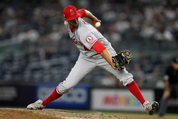 Steve Cishek of the Los Angeles pitches during the game between the Los Angeles Angels and the New York Yankees at Yankee Stadium on Monday, June 28,...