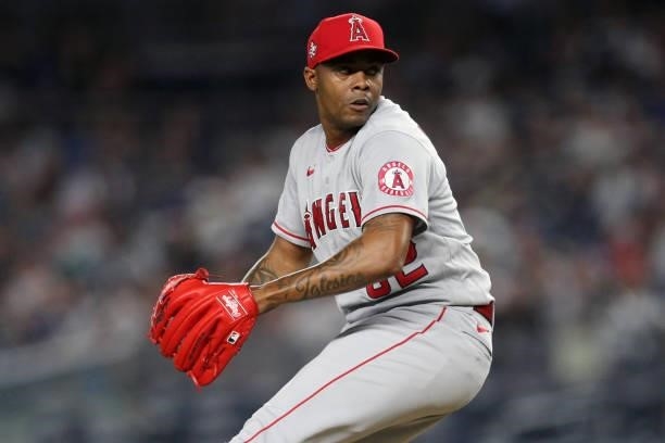 Raisel Iglesias of the Los Angeles Angels pitches during the game between the Los Angeles Angels and the New York Yankees at Yankee Stadium on...