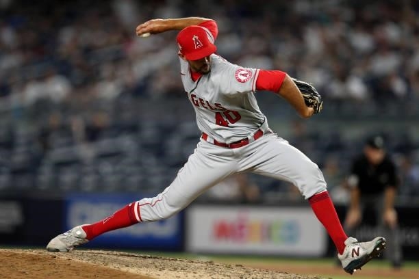 Steve Cishek of the Los Angeles pitches during the game between the Los Angeles Angels and the New York Yankees at Yankee Stadium on Monday, June 28,...