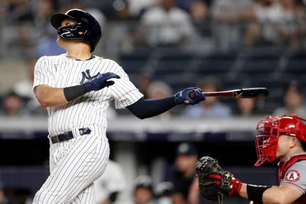Gio Urshela of the New York Yankees at bat during the game between the Los Angeles Angels and the New York Yankees at Yankee Stadium on Monday, June...