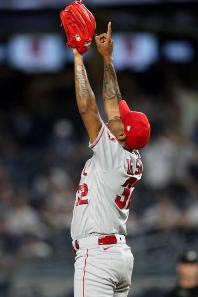 Raisel Iglesias of the Los Angeles Angels celebrates after the Angels defeated the New York Yankees at Yankee Stadium on Monday, June 28, 2021 in New...