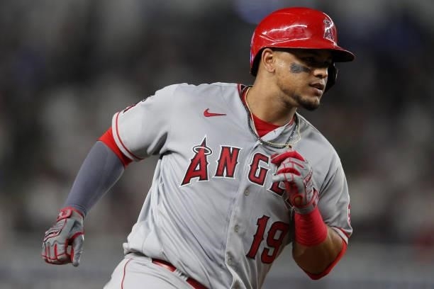 Juan Lagares of the Los Angeles Angels rounds the bases after hitting a home run during the game between the Los Angeles Angels and the New York...
