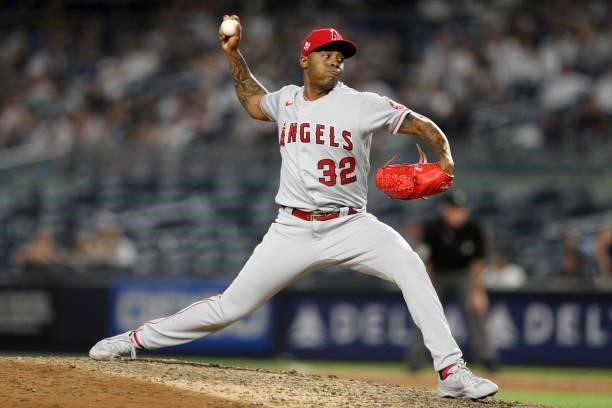 Raisel Iglesias of the Los Angeles Angels pitches during the game between the Los Angeles Angels and the New York Yankees at Yankee Stadium on...