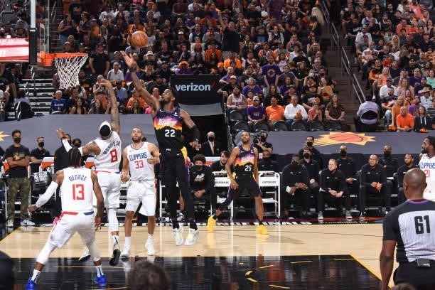 Deandre Ayton of the Phoenix Suns shoots the ball during the game against the LA Clippers during Game 5 of the Western Conference Finals of the 2021...