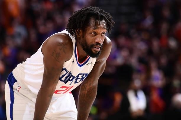Patrick Beverley of the LA Clippers looks on during the game against the Phoenix Suns during Game 5 of the Western Conference Finals of the 2021 NBA...