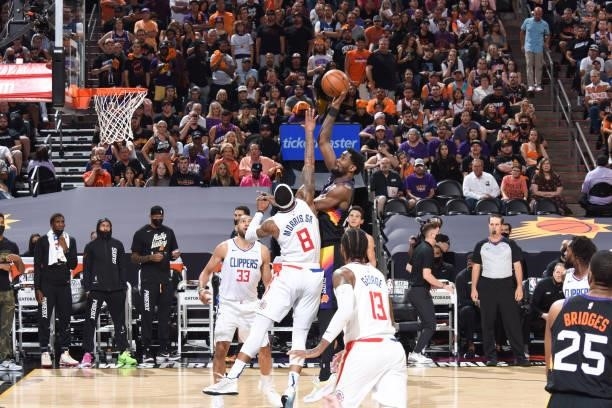 Deandre Ayton of the Phoenix Suns shoots the ball during the game against the LA Clippers during Game 5 of the Western Conference Finals of the 2021...