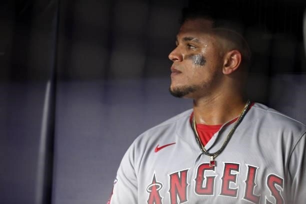 Juan Lagares of the Los Angeles Angels looks on from the dugout during the game between the Los Angeles Angels and the New York Yankees at Yankee...