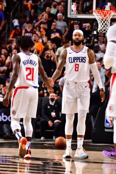 Patrick Beverley of the LA Clippers high fives Marcus Morris Sr. #8 of the LA Clippers during Game 5 of the Western Conference Finals of the 2021 NBA...