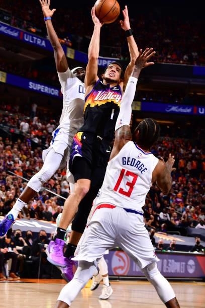 Devin Booker of the Phoenix Suns drives to the basket against the LA Clippers during Game 5 of the Western Conference Finals of the 2021 NBA Playoffs...