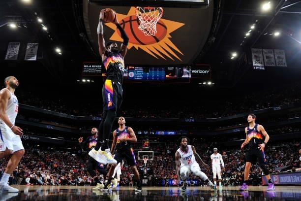 Deandre Ayton of the Phoenix Suns rebounds the ball against the LA Clippers during Game 5 of the Western Conference Finals of the 2021 NBA Playoffs...