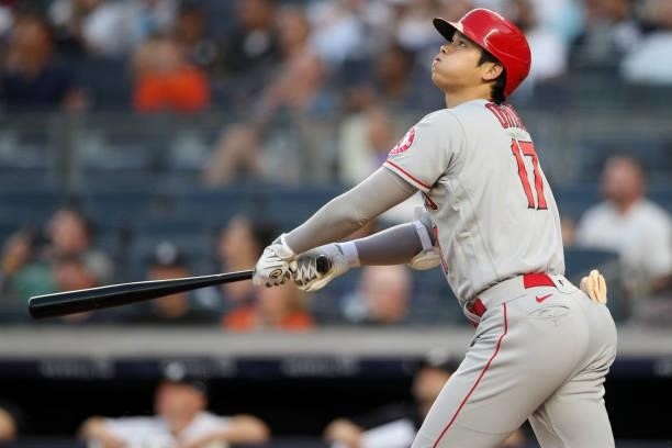 Shohei Ohtani of the Los Angeles Angels bats during the game between the Los Angeles Angels and the New York Yankees at Yankee Stadium on Monday,...