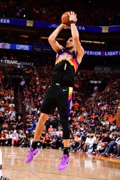 Devin Booker of the Phoenix Suns shoots the ball against the LA Clippers during Game 5 of the Western Conference Finals of the 2021 NBA Playoffs on...