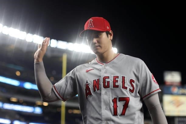 Shohei Ohtani of the Los Angeles Angels reacts after the Angels defeated the New York Yankees at Yankee Stadium on Monday, June 28, 2021 in New York,...