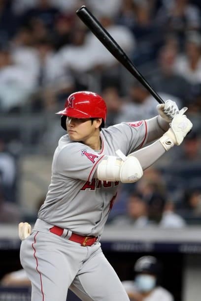 Shohei Ohtani of the Los Angeles Angels bats during the game between the Los Angeles Angels and the New York Yankees at Yankee Stadium on Monday,...