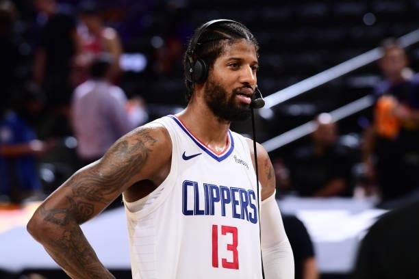 Paul George of the LA Clippers is interviewed after the game against the Phoenix Suns during Game 5 of the Western Conference Finals of the 2021 NBA...