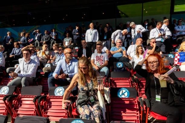 Spectators at the VIP seats during the match between Croatia and Spain at Parken Stadium during the EURO 2020 championship on June 28, 2021 in...