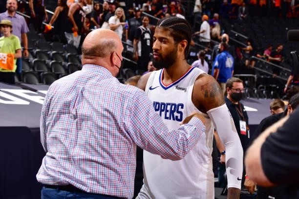 Paul George of the LA Clippers hugs owner, Steve Ballmer after the game against the Phoenix Suns during Game 5 of the Western Conference Finals of...