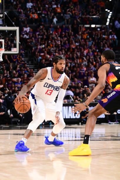 Paul George of the LA Clippers handles the ball during the game against the Phoenix Suns during Game 5 of the Western Conference Finals of the 2021...
