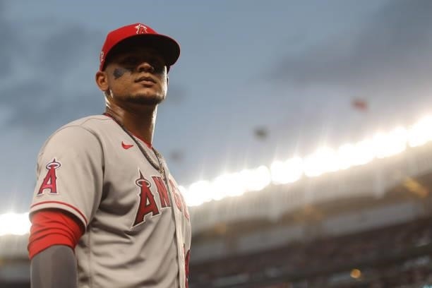 Juan Lagares of the Los Angeles Angels looks on during the game between the Los Angeles Angels and the New York Yankees at Yankee Stadium on Monday,...