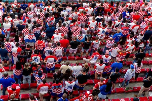 Spectators watch the match between Croatia and Spain at Parken Stadium during the EURO 2020 championship on June 28, 2021 in Copenhagen, Denmark.