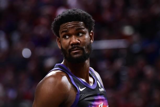 Deandre Ayton of the Phoenix Suns looks on during the game against the LA Clippers during Game 5 of the Western Conference Finals of the 2021 NBA...