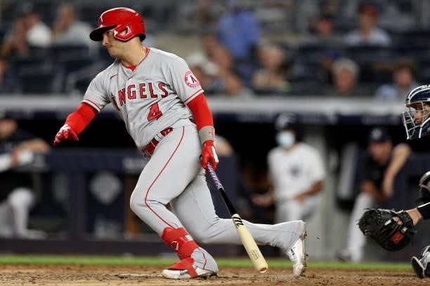 José Iglesias of the Los Angeles Angels bats during the game between the Los Angeles Angels and the New York Yankees at Yankee Stadium on Monday,...