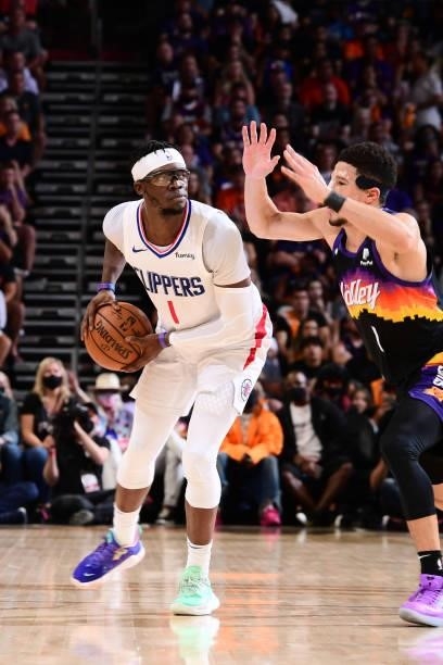 Reggie Jackson of the LA Clippers handles the ball during the game against the Phoenix Suns during Game 5 of the Western Conference Finals of the...