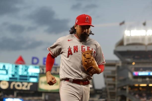 Anthony Rendon of the Los Angeles Angels looks on during the game between the Los Angeles Angels and the New York Yankees at Yankee Stadium on...