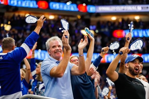 Fans of the Tampa Bay Lightning celebrate against the Montreal Canadiens in Game One of the Stanley Cup Final of the 2021 Stanley Cup Playoffs at...