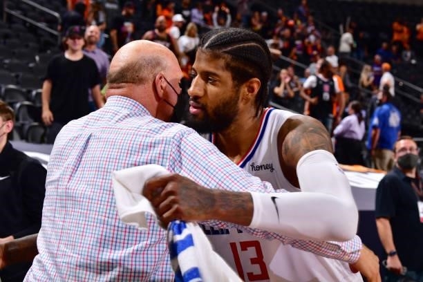 Paul George of the LA Clippers hugs owner, Steve Ballmer after the game against the Phoenix Suns during Game 5 of the Western Conference Finals of...