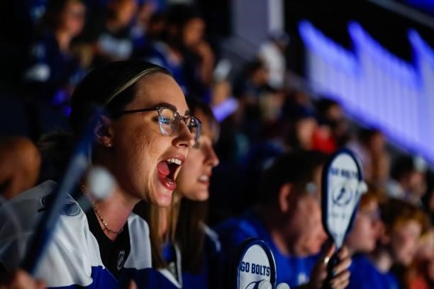 Fans of the Tampa Bay Lightning celebrate against the Montreal Canadiens in Game One of the Stanley Cup Final of the 2021 Stanley Cup Playoffs at...
