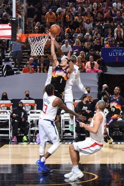 Devin Booker of the Phoenix Suns drives to the basket during the game against the LA Clippers during Game 5 of the Western Conference Finals of the...