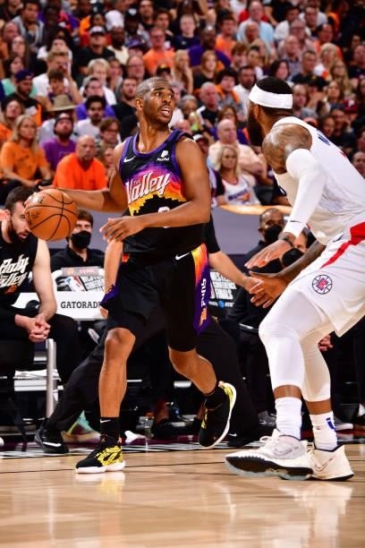 Chris Paul of the Phoenix Suns handles the ball against the LA Clippers during Game 5 of the Western Conference Finals of the 2021 NBA Playoffs on...