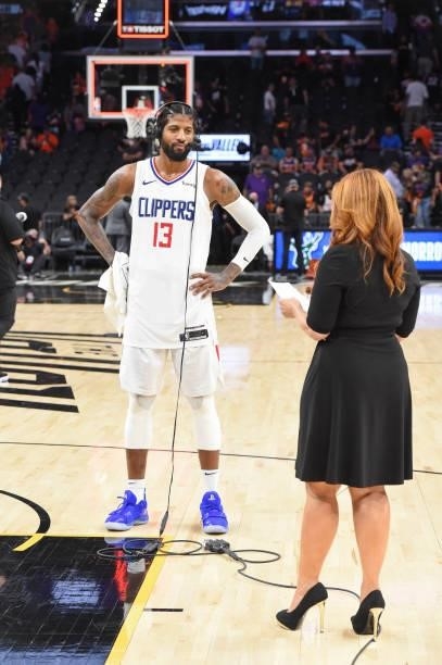 Paul George of the LA Clippers talks to ESPN sideline reporter, Rachel Nichols after the game against the Phoenix Suns during Game 5 of the Western...
