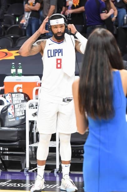 Marcus Morris Sr. #8 of the LA Clippers talks to the media after the game against the Phoenix Suns during Game 5 of the Western Conference Finals of...