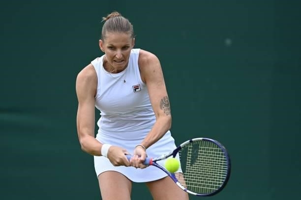 Czech Republic's Karolina Pliskova returns to Slovenia's Tamara Zidansek during their women's singles first round match on the second day of the 2021...