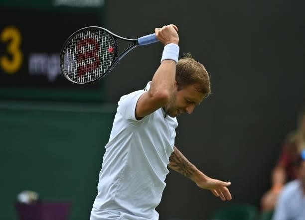 Britain's Daniel Evans reacts to a double fault during play against Spain's Feliciano Lopez in their men's singles first round match on the second...