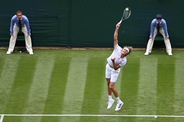 Germany's Alexander Zverev serves to Netherland's Tallon Griekspoor during their men's singles first round match on the second day of the 2021...