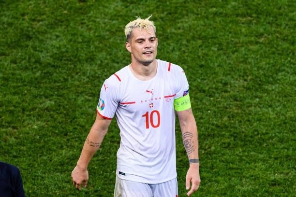 Granit Xhaka of Switzerland walks in the field during the UEFA Euro 2020 Championship Round of 16 match between France and Switzerland at National...