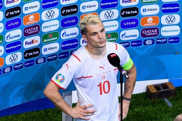 Granit Xhaka of Switzerland talks during the flash interview during the UEFA Euro 2020 Championship Round of 16 match between France and Switzerland...