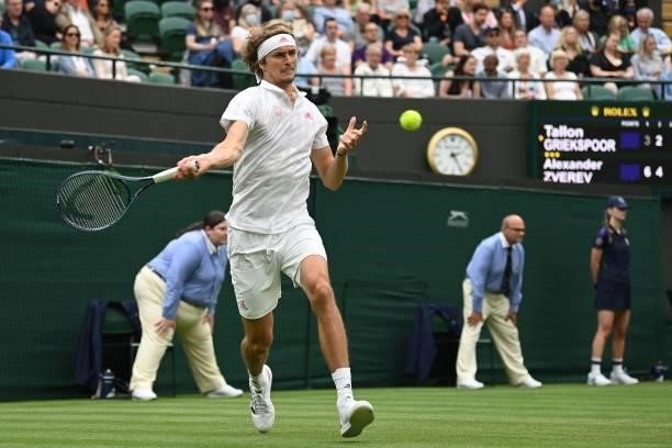 Germany's Alexander Zverev returns to Netherland's Tallon Griekspoor during their men's singles first round match on the second day of the 2021...