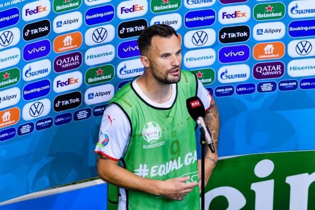Haris Seferovic of Switzerland talks during a flash interview during the UEFA Euro 2020 Championship Round of 16 match between France and Switzerland...