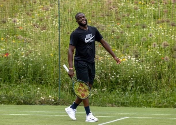 Player Frances Tiafoe practices on the Aorangi Practice Courts on the second day of the 2021 Wimbledon Championships at The All England Tennis Club...