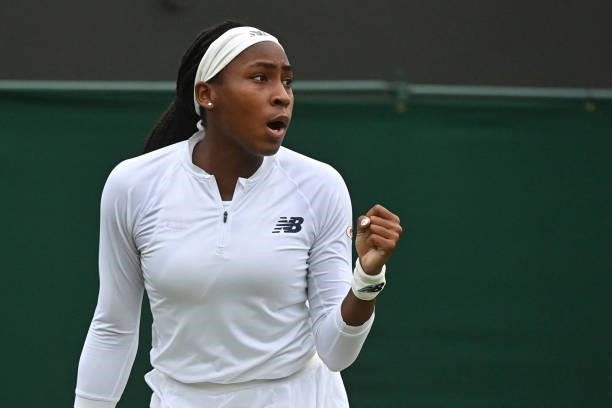 Player Coco Gauff wins the first set against Britain's Francesca Jones during their women's singles first round match on the second day of the 2021...