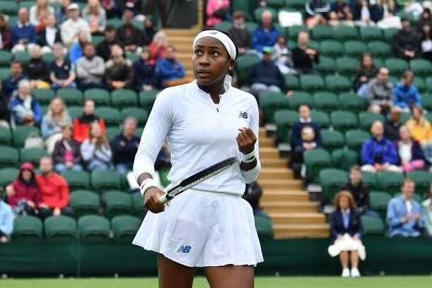 Player Coco Gauff celebrates a point against Britain's Francesca Jones during their women's singles first round match on the second day of the 2021...
