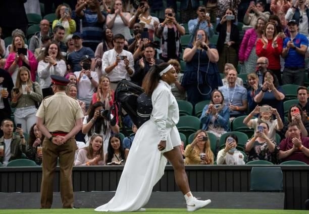 Player Serena Williams arrives on court to play against Belarus's Aliaksandra Sasnovich during their women's singles first round match on the second...