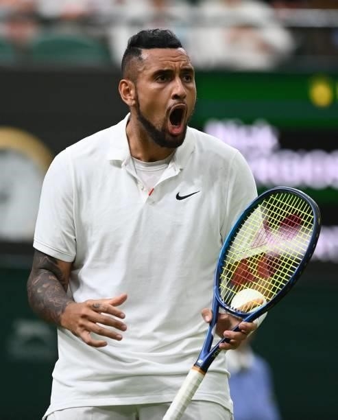 Australia's Nick Kyrgios celebrates breaking France's Ugo Humbert during their men's singles first round match on the second day of the 2021...