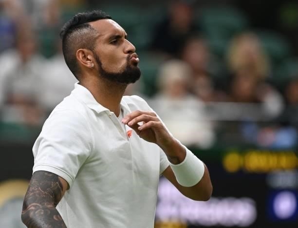Australia's Nick Kyrgios gets ready to play against France's Ugo Humbert during their men's singles first round match on the second day of the 2021...
